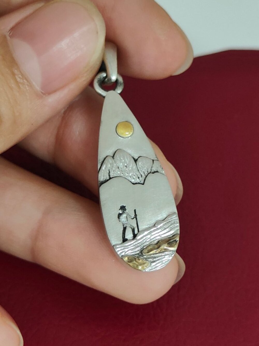 925 Sterling Silver Mountain Hiker Teardrop Pendant Sun Landscape Handmade Charm